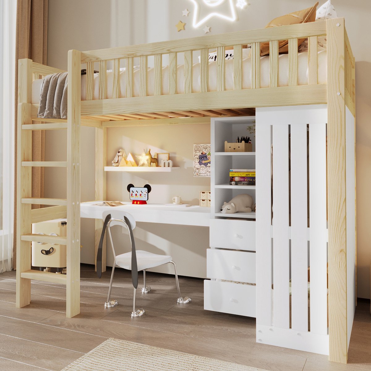 Wishdor Hoogslaper – 90x200 cm – Bureau, Kledingkast En 3 Lades – Met Trap En Veiligheidshekje – Grenenhout en MDF – Naturel Natuurlijk