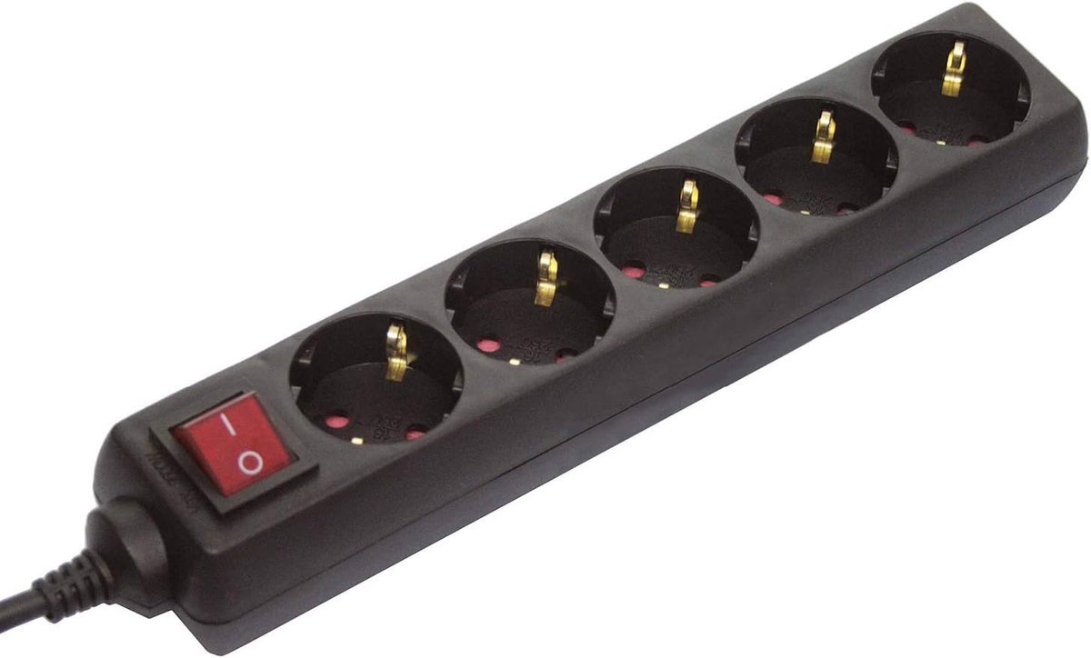 5-Weg Stopcontactdoos met Schakelaar - IP20, 230V/16A, 1,4 meter Kabellengte - Zwart