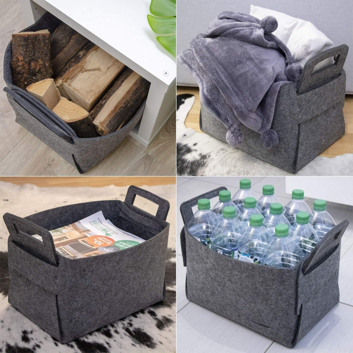 Opvouwbare vilten bewaarmand 25L - Grijze multifunctionele mand voor hout, speelgoed en meer