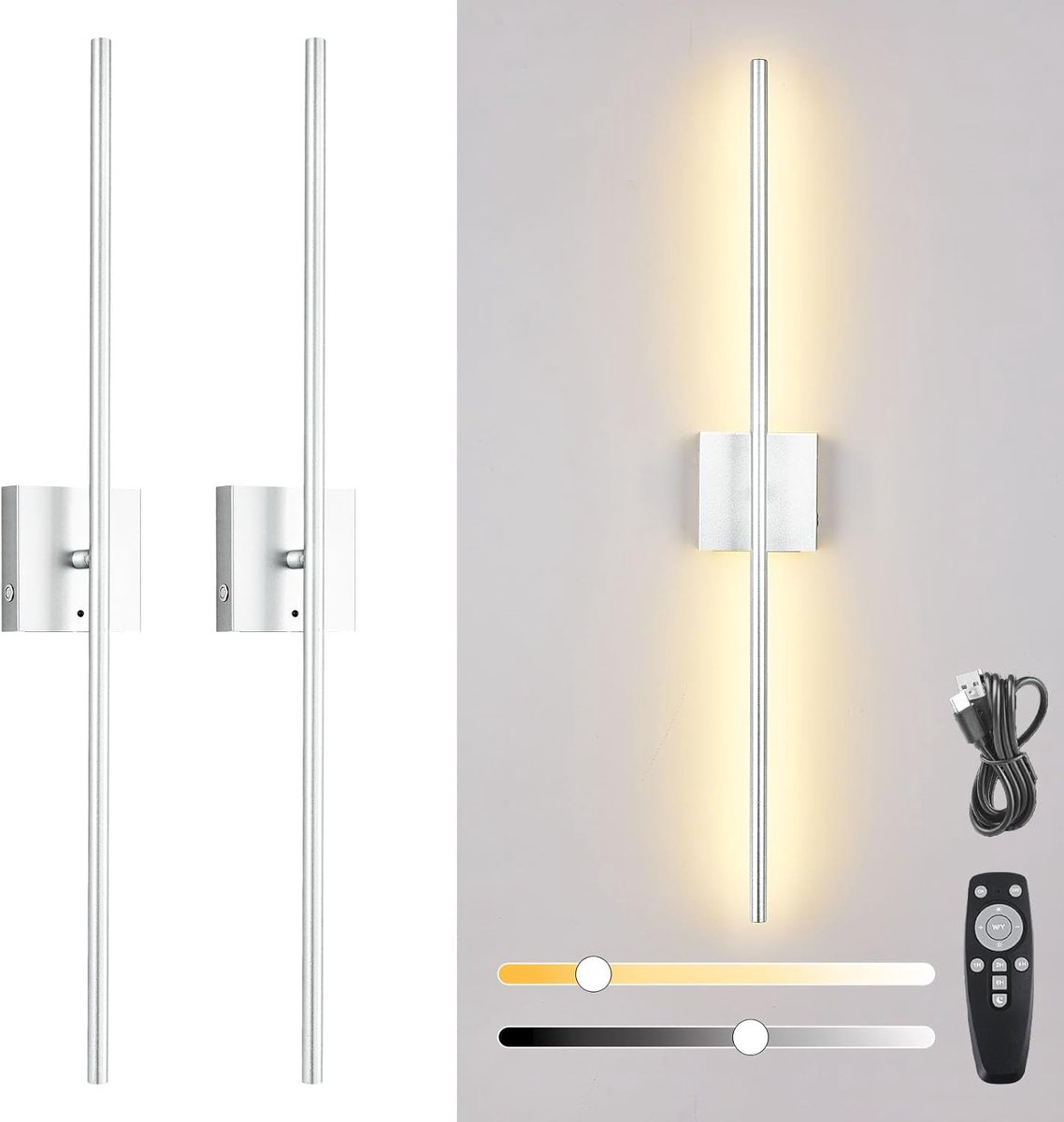 Oplaadbare Wandlamp met Afstandsbediening, Dimbare LED Muurlamp met Timer en 360° Rotatie - 2 Pack