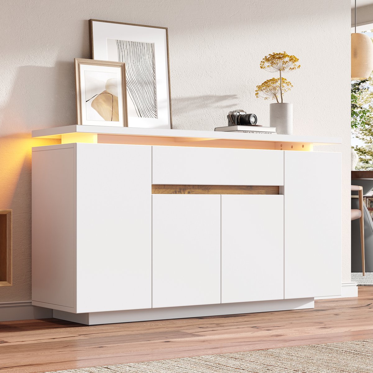 Wishdor Dressoir Met Led-Verlichting - 1 Lade En 4 Deuren - Met 2 In Hoogte Verstelbare Legplanken - Wit - 140 X 40 X 80 Cm