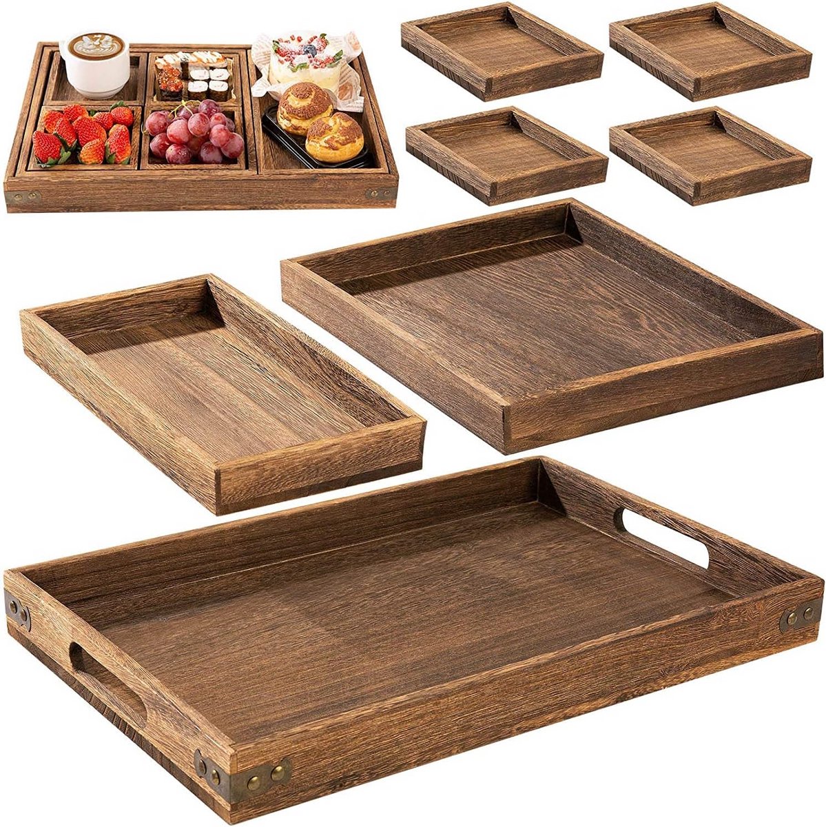 Set van 7 Houten Dienbladen met Handvatten - Multifunctioneel en Antislip
