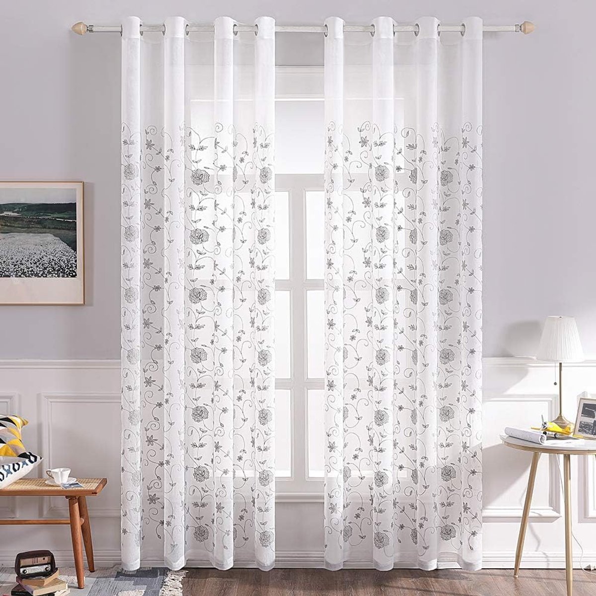 Gordijnen met Geborduurde Bloemen Patroon - Transparante Voile Gordijnen voor Woonkamer en Slaapkamer - Set van 2 - H 225 x B 140 cm