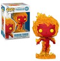 Boîte de la figurine Funko Pop rouge 'Human Torch', avec des yeux jaunes et des flammes.