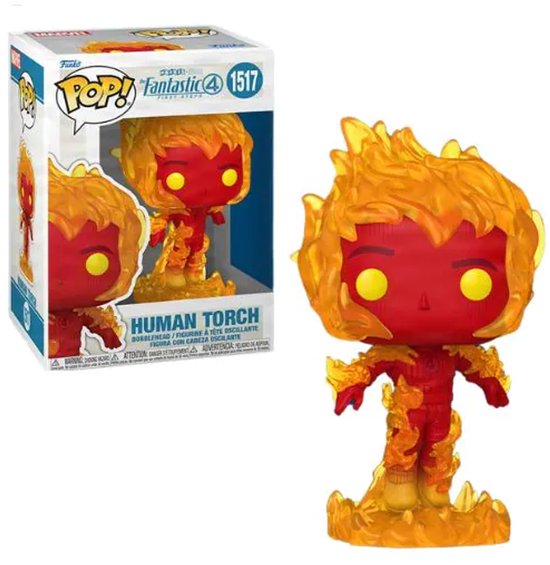 Boîte de la figurine Funko Pop rouge 'Human Torch', avec des yeux jaunes et des flammes.