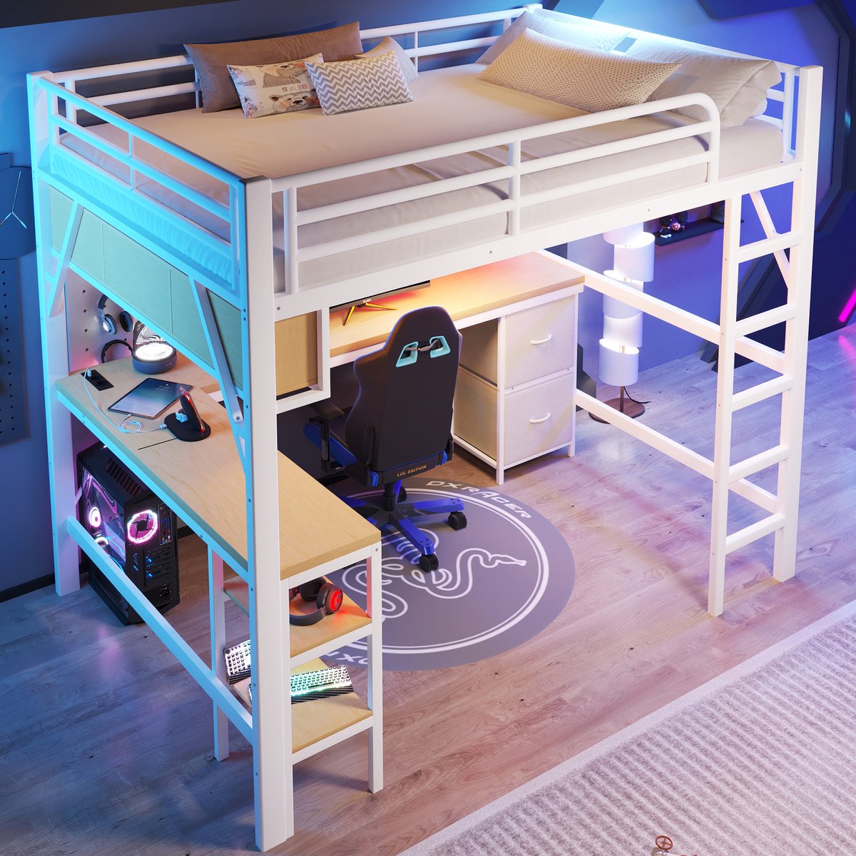 HAUSS SPOLE Metalen Hoogslaper 140x200cm - Met Bureau, Boekenkast En Opbergkast - Met Usb En Led Verlichting - Ruimtebesparend - Zonder matras - Wit