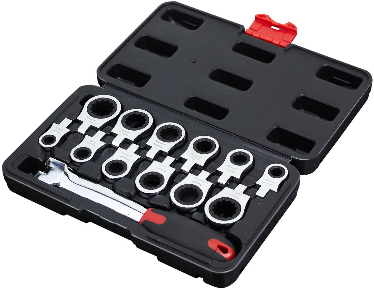 Ratelsleutelset, 12-in-1 verwisselbare ratelset, combinatiesleutelset van 8-19 mm, geschikt voor auto- en mechanische toepassingen, flexibele sleutelset, automatisch reparatiegereedschap voor mannen