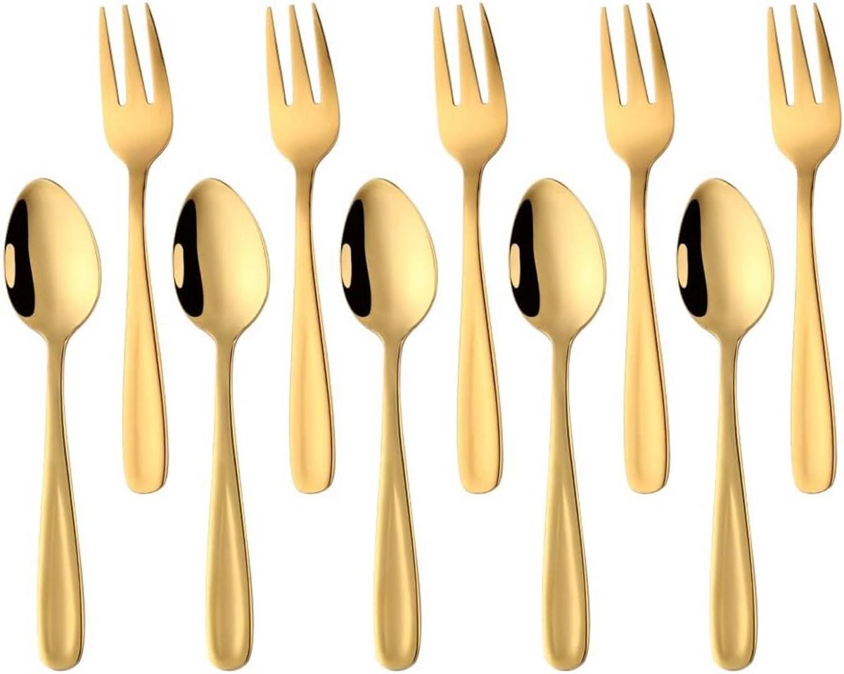 Set van 10 Gouden Roestvrijstalen Espressolepels en Dessertvorkjes