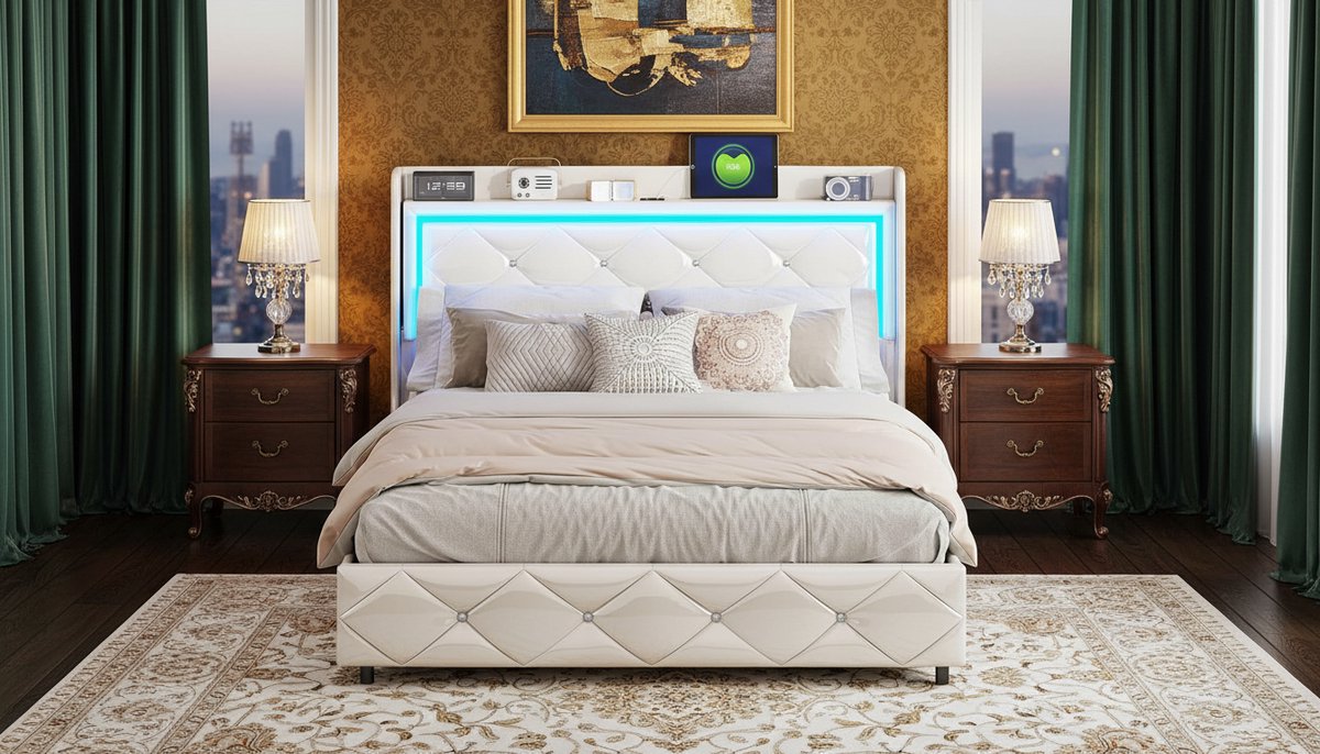 Opbergbed 140x200 cm met LED Verlichting en USB – Casa Velluto Lumière Luxe Tweepersoonsbed met Hydraulische Opbergruimte – Wit PU Leder – Inclusief Lattenbodem