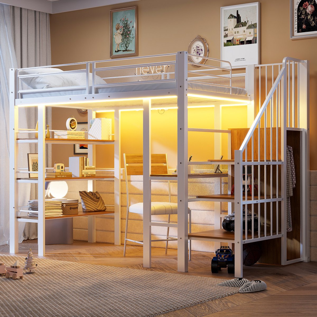 Clruro Hoogslaper - 90x200 cm - Met LED en Stopcontact - Met Plank en Boekenkast - Metaal - Wit