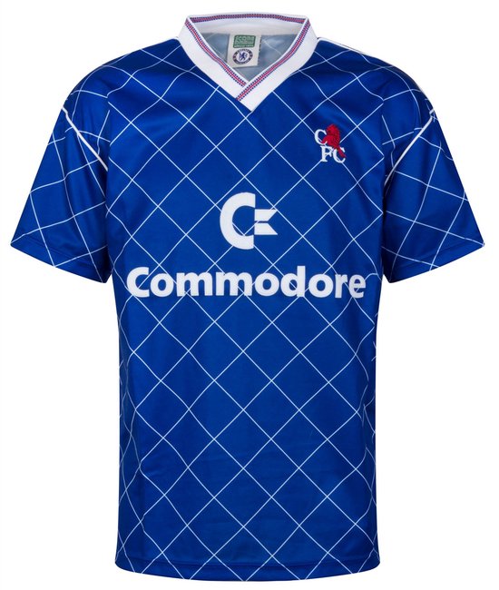 Blauw retro voetbalshirt van Chelsea met ruitpatroon en "Commodore" logo op de voorkant.