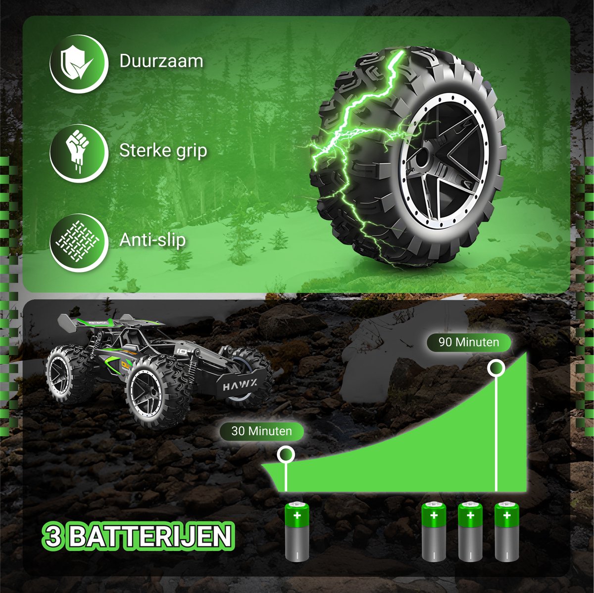 HAWX Bestuurbare Auto - RC Auto - Race Auto - Monstertruck - Afstandsbestuurbare Auto - Volwassenen en Jongens - Voor Buiten - Incl. 3 Batterijen, 8 Verkeerskegels — afbeelding 2