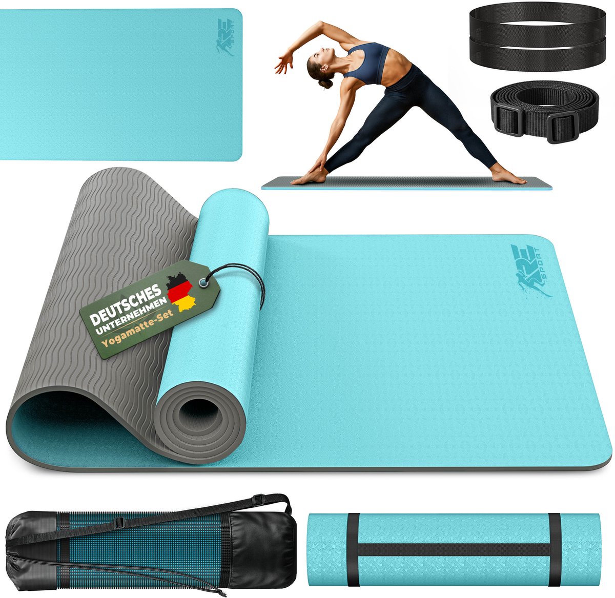 RE:Sport Yogamat, ftalaatvrij, gymnastiekmat, antislip, fitnessmat, vrij van schadelijke stoffen, trainingsmat met draagriem, 183 x 61 x 0,6 cm