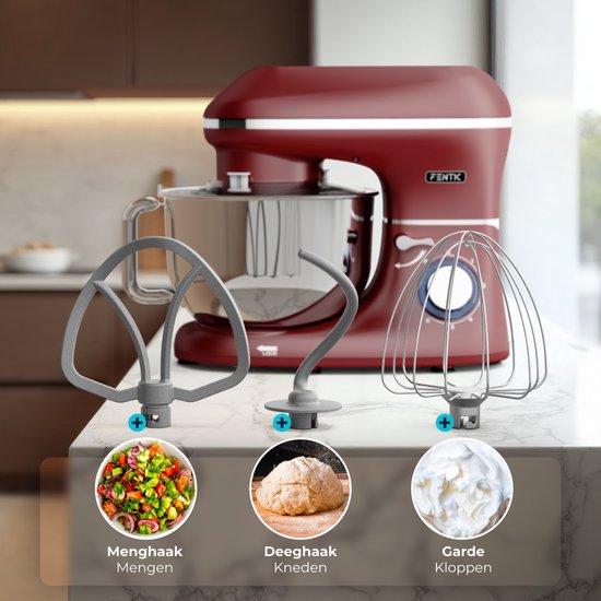 Fentic Keukenmachine - 2000W - RVS Mengkom (6,2 L) - Keukenrobot - Foodprocessor - Mixer met Garde, Deeghaak en Menghaak - Incl. Beschermhoes en extra Accessoires - Mat rood van Fentic — afbeelding 3