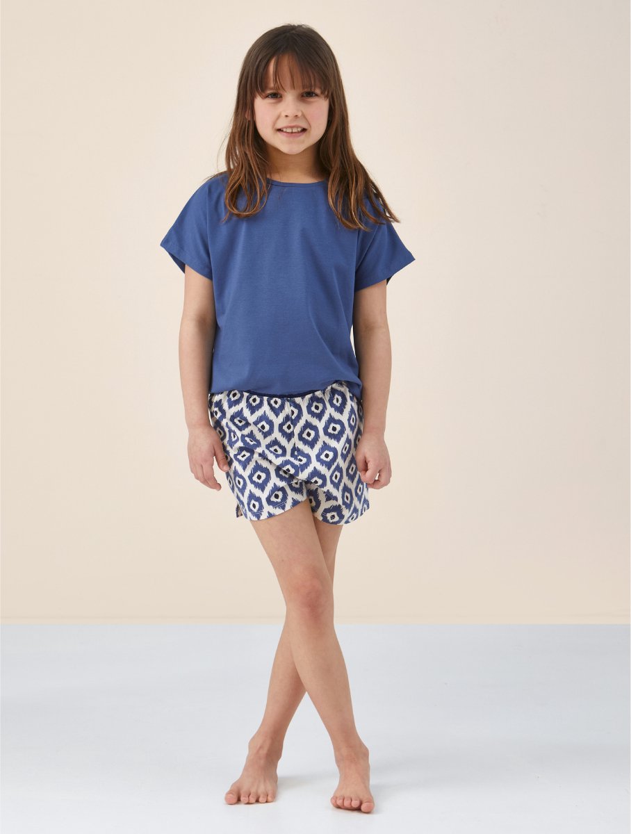 Little Label - meisjes pyjama kort - blauw ikat - 134-140 / 10Y - extra zachte bio-katoen