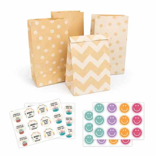 24 stuks Papieren Zakjes Cadeauzakjes met 48 stickers - 13x23cm Bruin Kraftpapieren Uitdeelzakjes Kinderfeestje met Bijgeleverde Sluitstickers