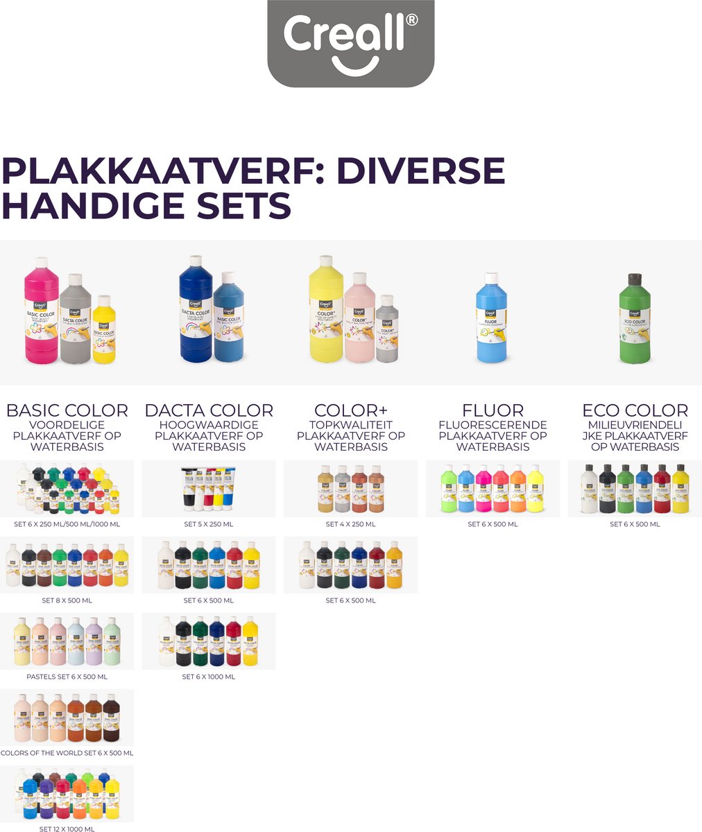 Creall Plakkaatverf Set - Schoolverf op Waterbasis - 8 Flessen x 500ml - Mix set met 8 Basiskleuren - Veilig & Uitwasbaar* - Geproduceerd in Nederland - professionele kwaliteit - glutenvrij — cadeau in Cadeau-ideeën - foto 2