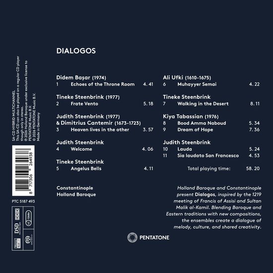 Albumhoes van Dialogos met tracklist, artiesten en speelduur. Inclusief teksten over de muziek en het concept.