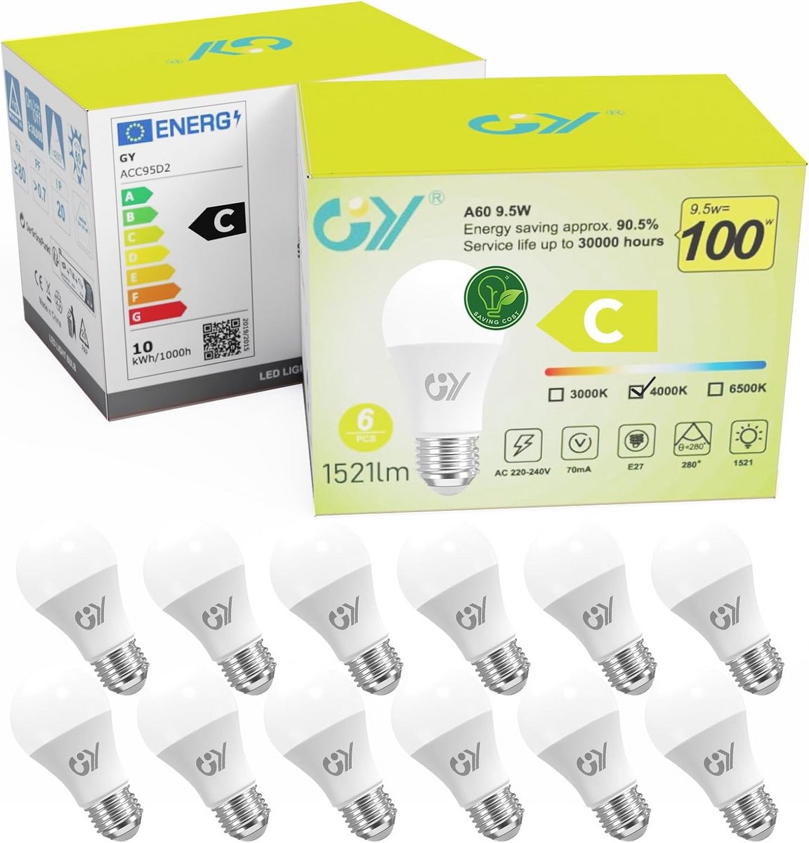 Set van 12 Sterke E27 LED Lampen 9,5W Neutraal Wit Licht 4000K Energiebesparend
