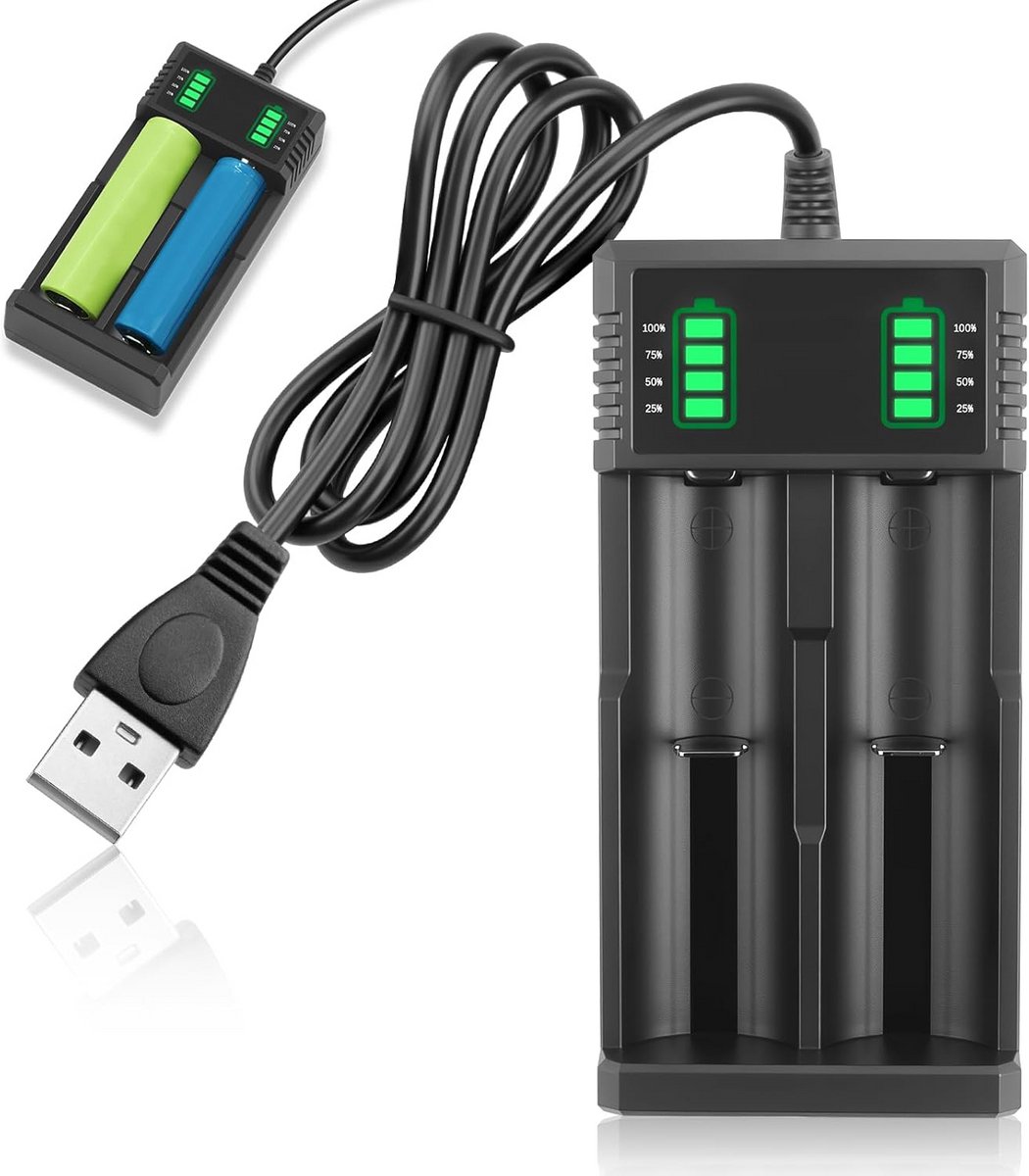 Universele Dual Batterijoplader met USB voor 18650 en andere Li-ion Accu's