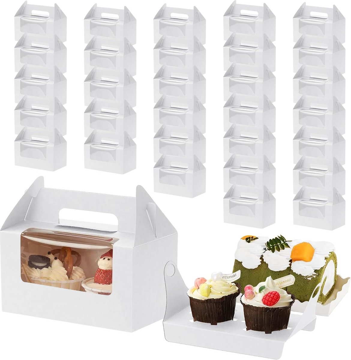 30 Stuks Cupcake Doosjes – Wit, Met Venster – Inclusief Houders voor Gebak en Desserts