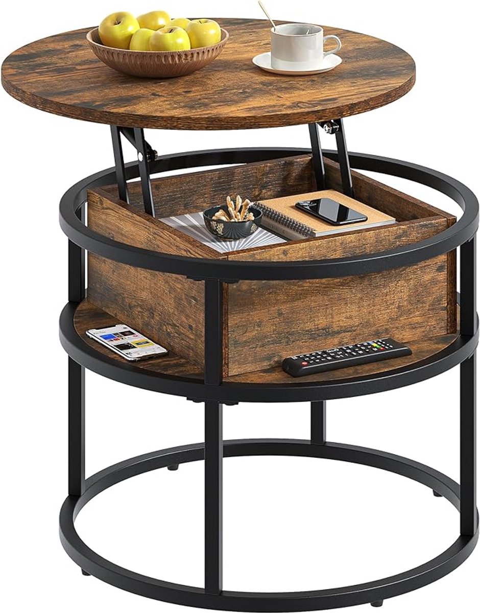 Thuys Ronde Salontafel met Hefplaat – In Hoogte Verstelbare Lift-Top Woonkamertafel met Opbergruimte – 60 x 60 x 47 cm – Voor Woonkamer & Thuiskantoor Bruin/Zwart