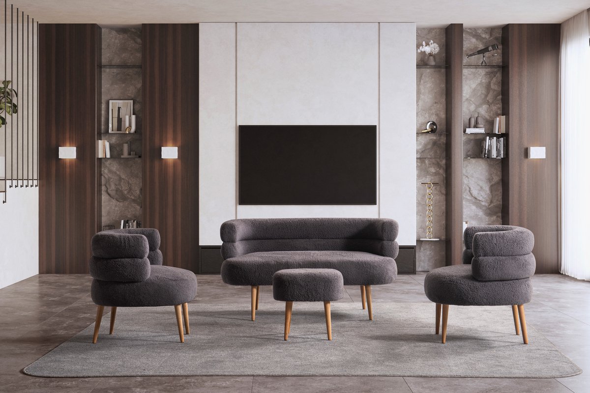 BSS Barel - Moderne Zitset - 2 Fauteuils, Tweezitsbank & Poef - Antraciet