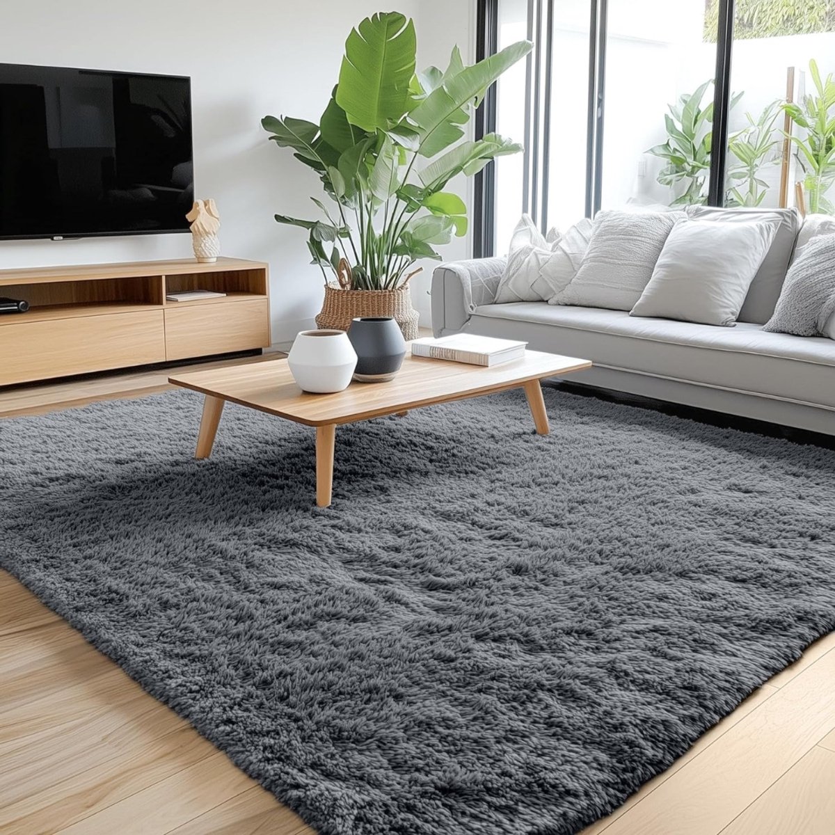 Vloerkleed - Wasbaar - Hoogpolig - 120x160 cm – Donkergrijs - Pluizig - antislip