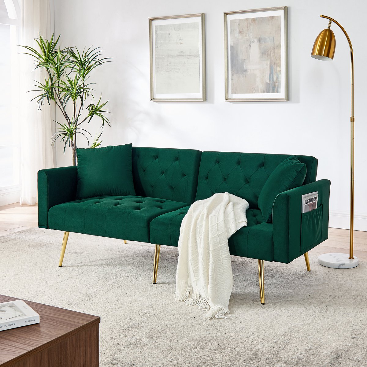 FloraGrace Slaapbank – 2-Zits Met Verstelbare Rugleuning – Inclusief 2 Kussens – Voor Woonkamer Of Klein Appartement – Fluweel – Groen