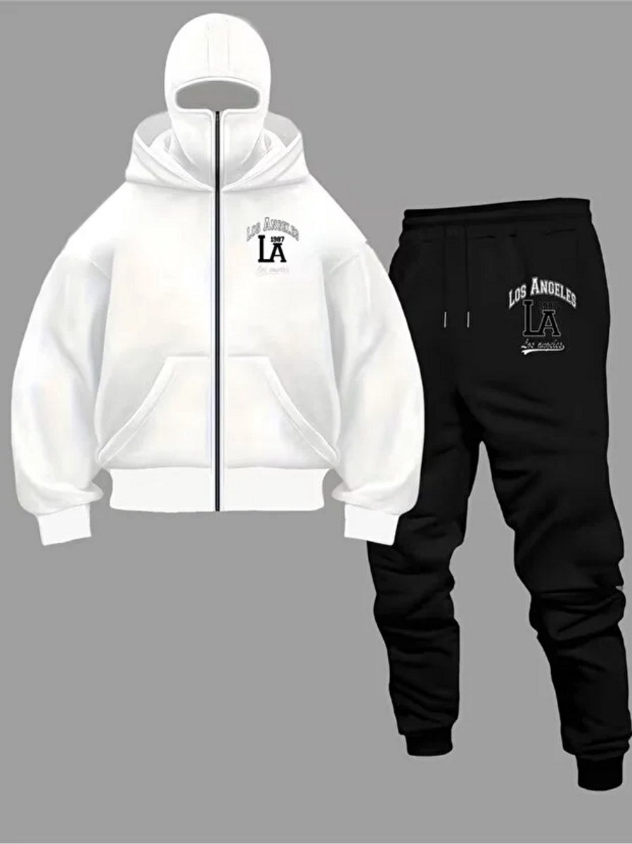 Trendy Los Angeles Stijlvolle Hoodie en Joggingbroek Set - Comfortabele, Modieuze Trainingsoutfit voor Dames en Heren - Wit Zwart - 4XL-5XL