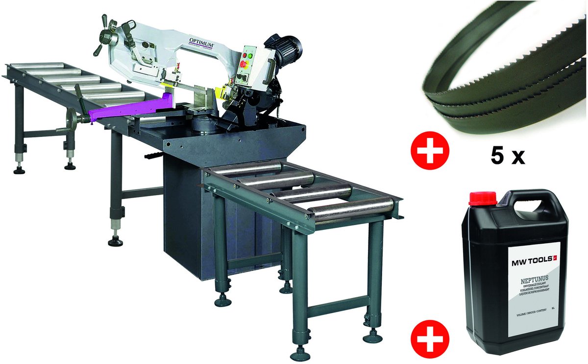 Metaalbandzaag 0-60° zaagcapaciteit rond 225 mm 1,5 kW 230V incl. 2 rollenbanen 3M 5 lintzagen 1 bus koelmelk Optisaw S275NV PACK 3