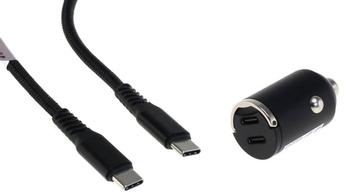 OneOne auto snellader met 2 poorten + 1,2m sterke USB C naar C kabel. 40W (2x 20W) lader. Autolader adapter past op Apple iPhone 16 Pro Max, iPhone 16e, iPad 9, iPad 10, iPad Air 4, iPad Air 5, iPad Mini 6, iPad Pro 11, iPad Pro 12.9
