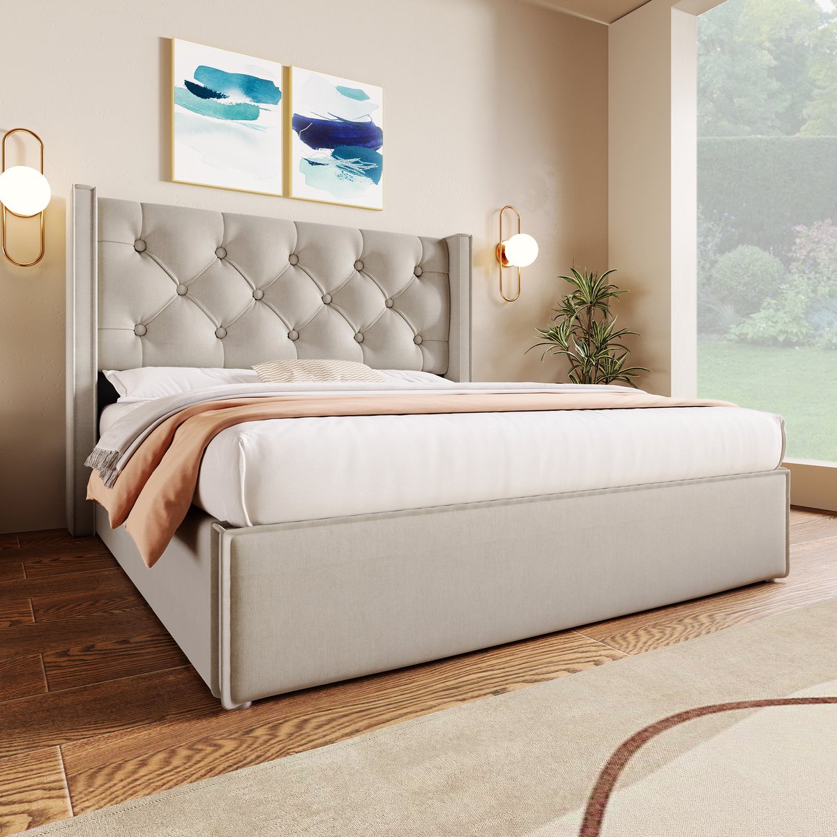 Wishdor - Hydraulisch Gestoffeerd Tweepersoonsbed Met Opbergruimte - Lattenbodem - Retro - Katoen - Lichtgrijs - 160 X 200 Cm