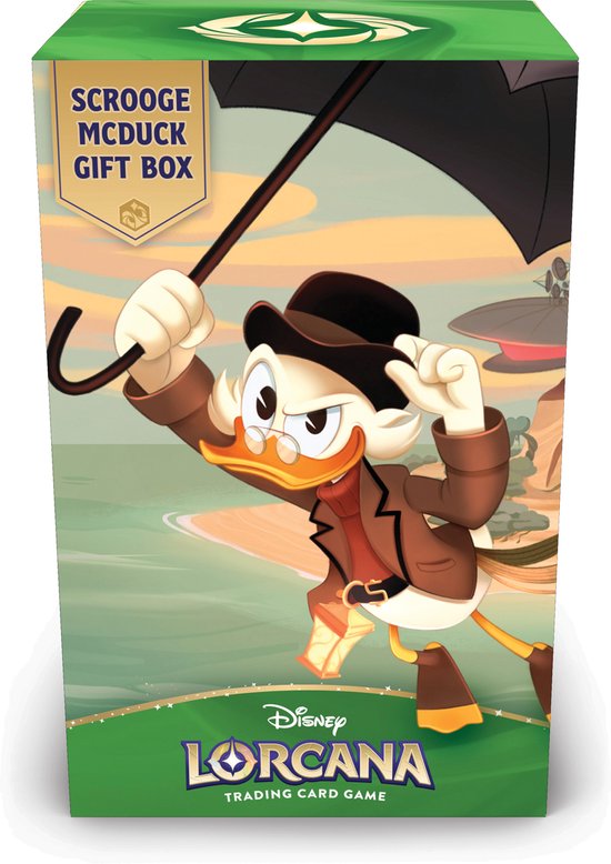 Scrooge McDuck giftbox met vliegende eend onder paraplu, met Disney Lorcana Trading Card Game logo.