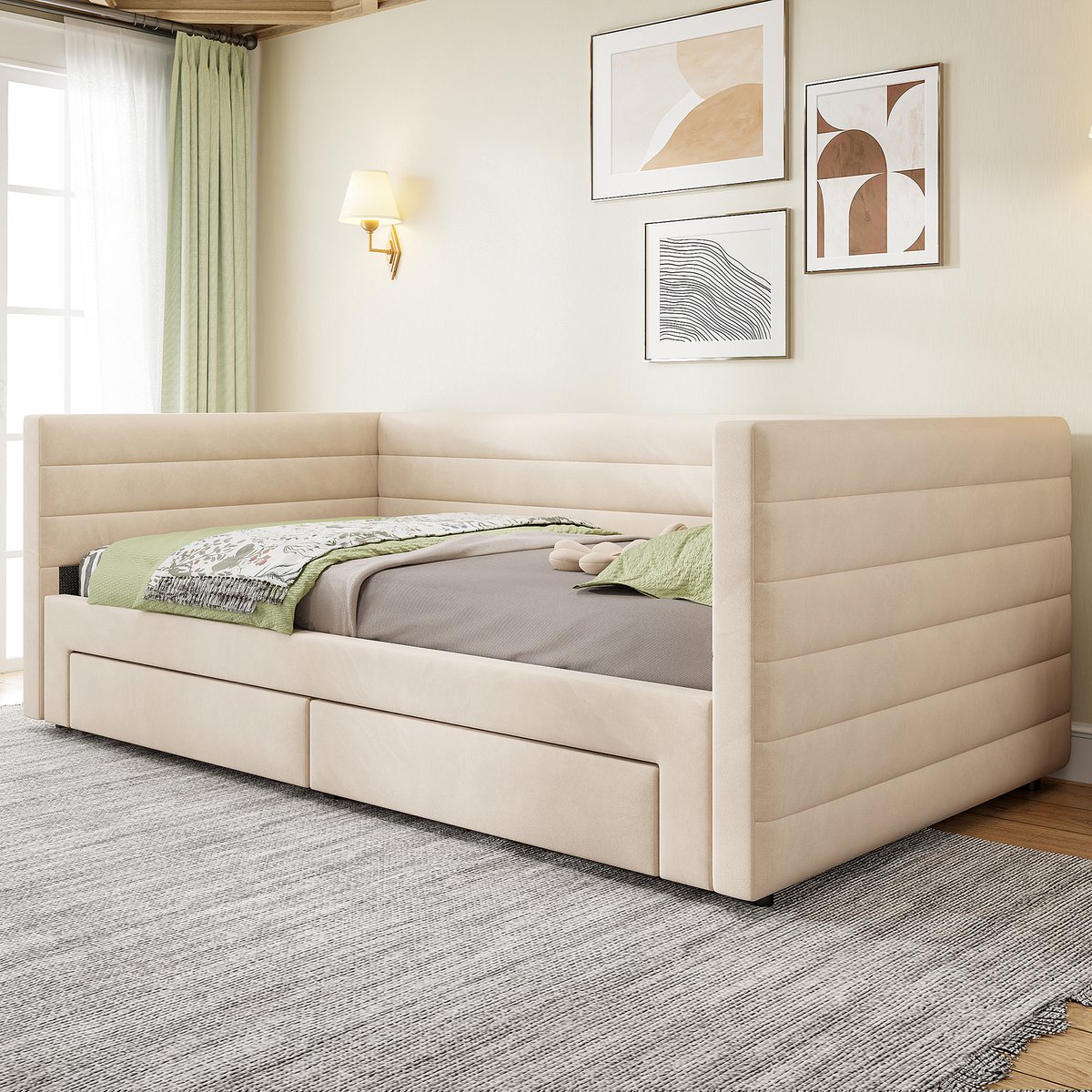 Wishdor Polsterbed – 3-in-1 Uitschuifbaar Slaapbankbed – 90/180 x 190 cm – Met 2 Opberglades – Katoen-Linnen Beige – Lattenbodem met 24 Latten – Flexibel voor Woonkamer of Logeerkamer – Stabiel tot 150 kg