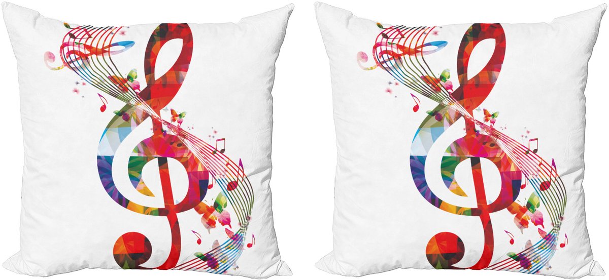 ABAKUHAUS Decoratieve kussenhoezen met muziekmotief, set van 2, ritmisch kunstwerk, 60x60 cm, wit, rood, meerkleurig