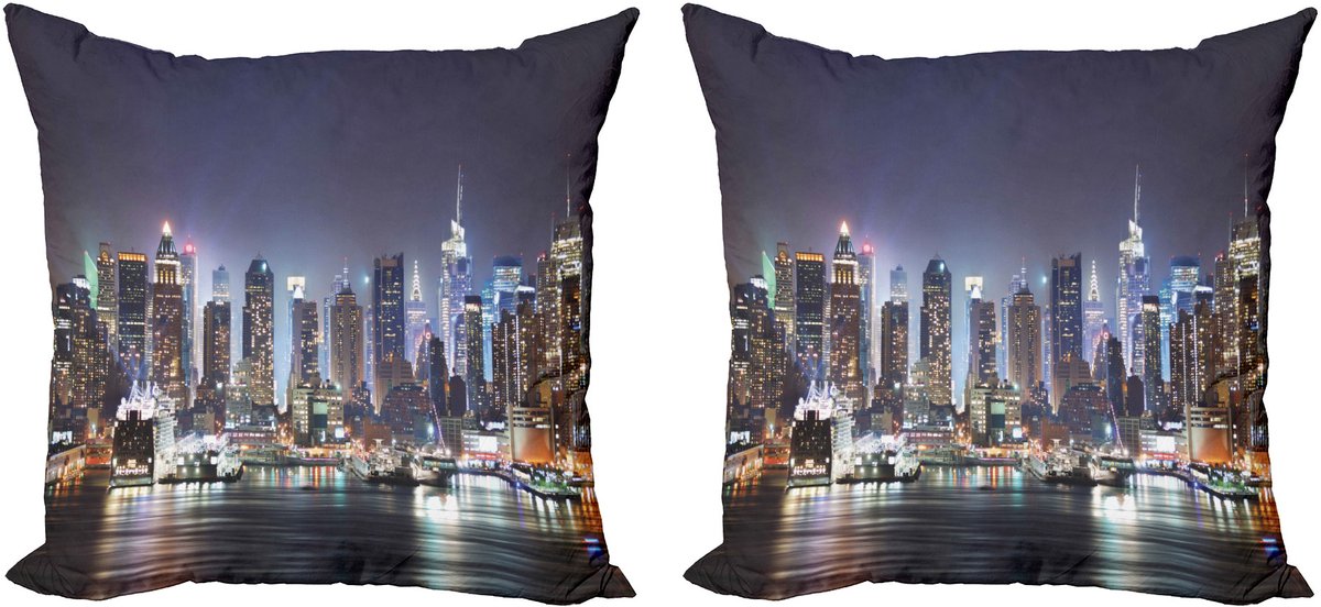 ABAKUHAUS New York Decoratieve Kussenhoes, Set van 2, Manhattan Skyline 's Nachts, 60x60 cm, Oranje Blauw