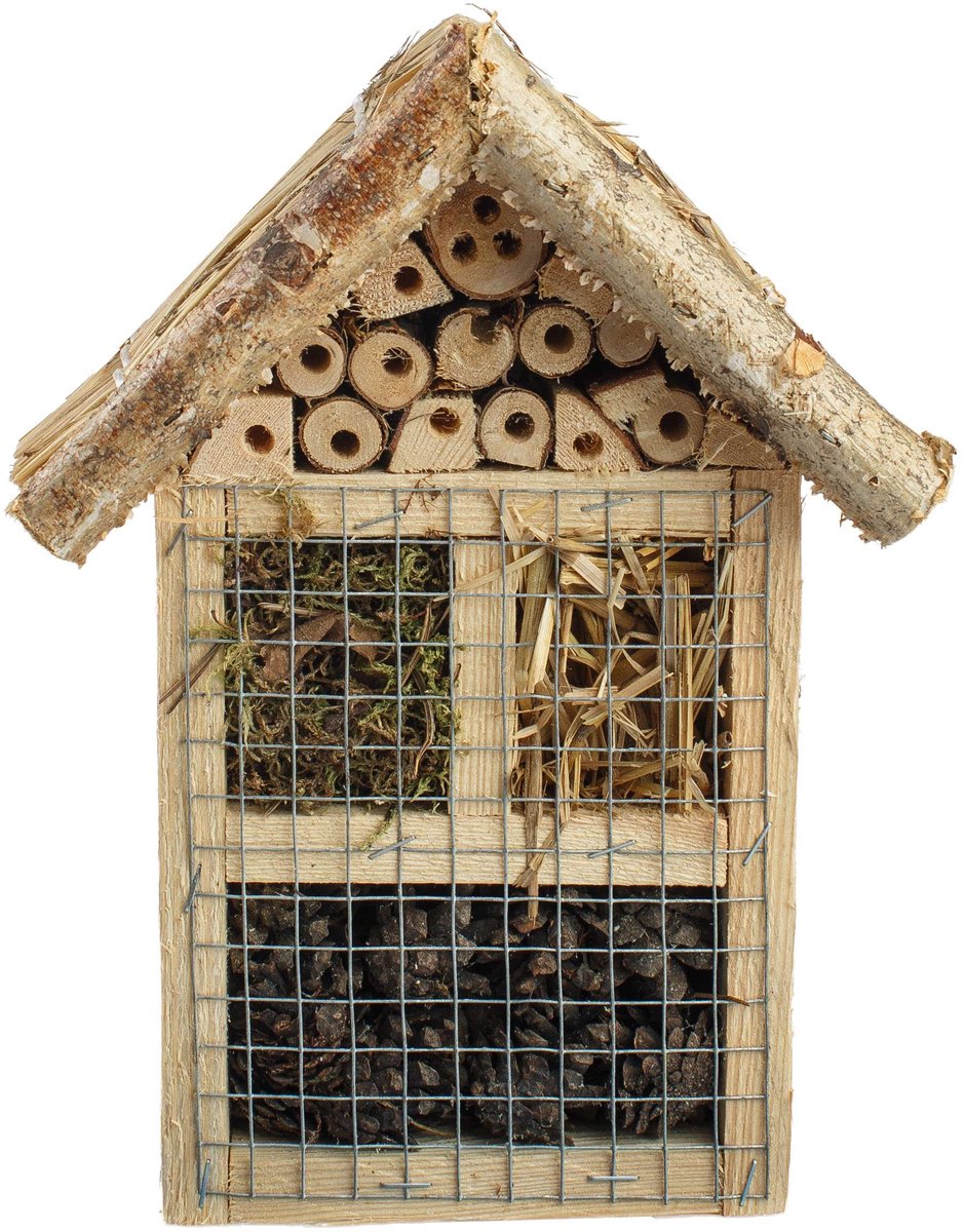BOGATECO Insectenhotel van Massief Hout - Bijenhotel met Stromen Dak - Nestkast voor Wilde Bijen & Lieveheersbeestjes - Nisthulp voor Wandmontage