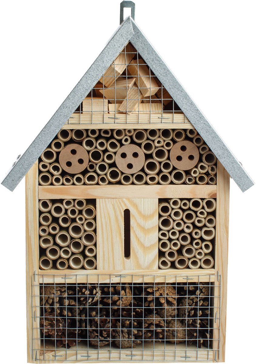 BOGATECO Groot Insectenhotel met Metalen Dak - L Bijenhotel van Massief Hout - Nestkast voor Wilde Bijen & Lieveheersbeestjes - Diverse Maten