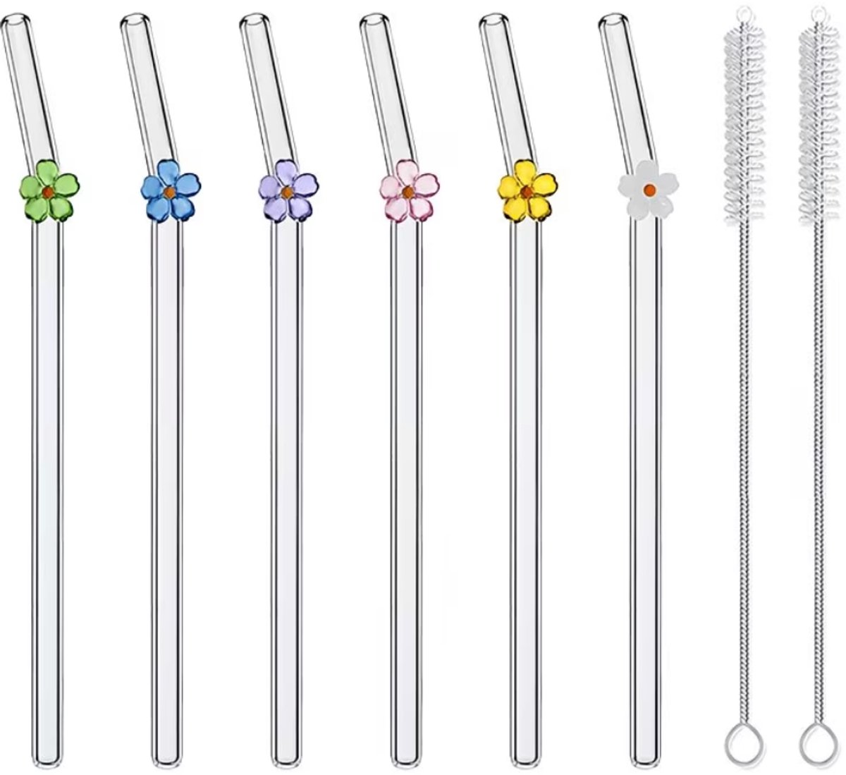 HHHK - 6 stuks Herbruikbare Glazen Rietjes met Bloemetjes - Rietjes glas - Duurzaam - Doorzichtig - Transparant - Met Borsteltjes