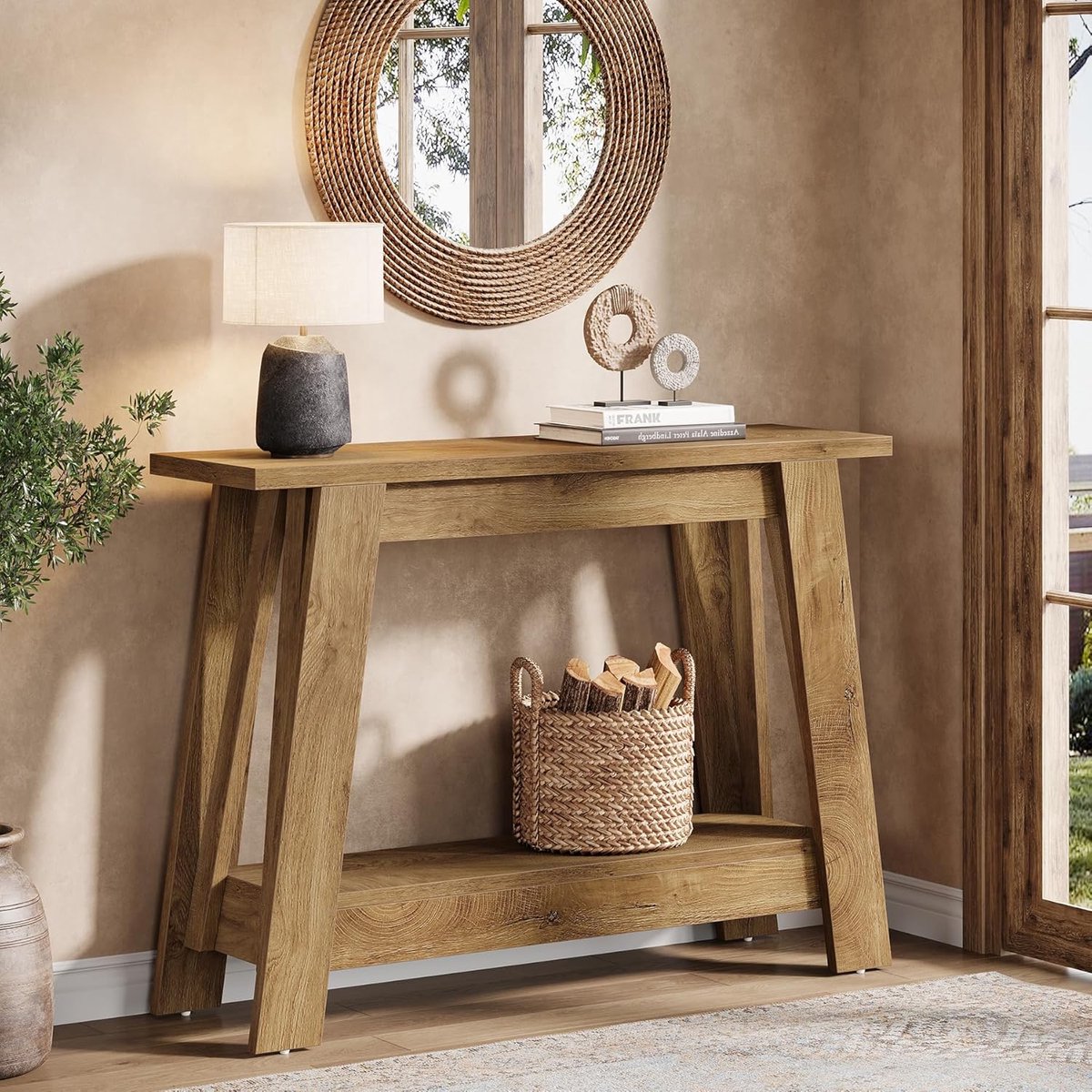 LITTLE TREE Boerderijstijl Consoletafel - 2-Laags Haltafel met Opbergruimte - 105 cm - Landelijke Smalle Tafel Achter Bank - Natuurlijk voor Woonkamer, Hal, Entreehal
