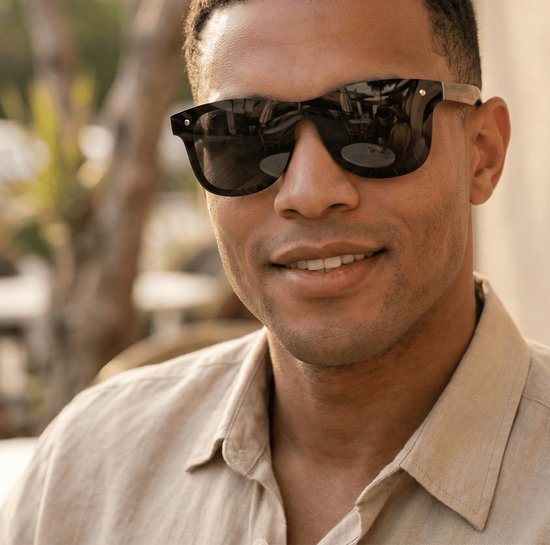 Lunettes de soleil sans monture FLAMENGO - Lunettes de soleil - Festival - Sport - Sports d'hiver - Plage - Lunettes de soleil de ski - UV400 - Polarisées - Convient aux femmes / hommes - Design élégant - Zwart avec pieds en bois - incl.