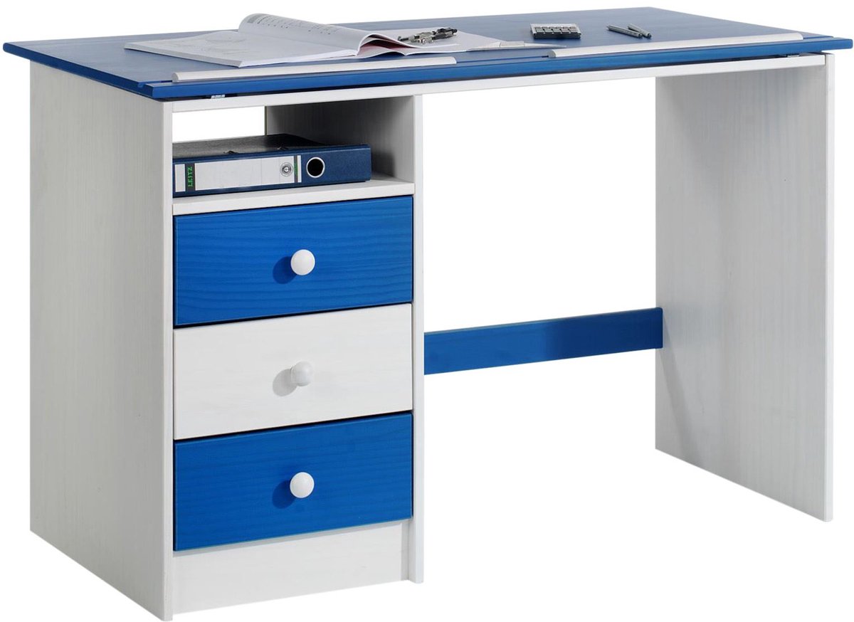 Kinderbureau KEVIN wit-blauw, bovenkant kantelbaar