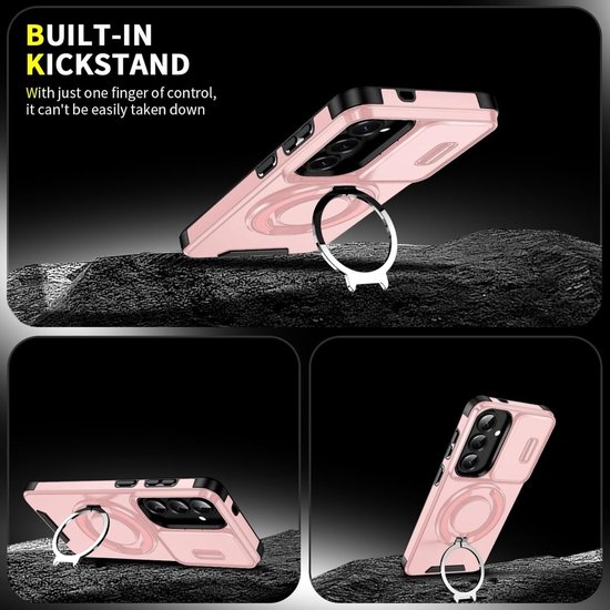 Roze telefoonhoes met ingebouwde ringstandaard, getoond op stenen ondergrond.