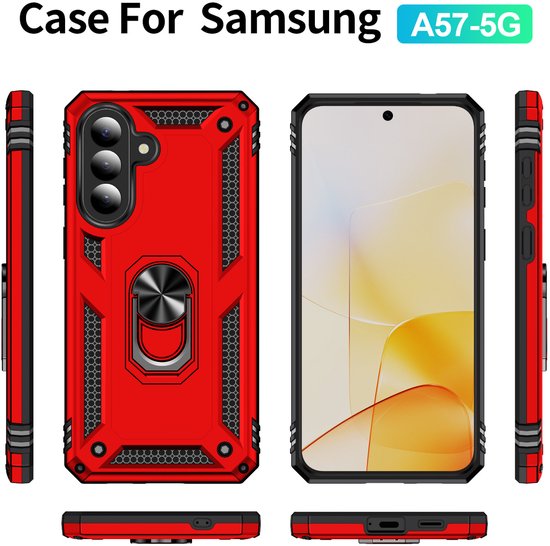 Rode Samsung A57 5G hoesje met ring. Toont voor-, achter- en zijaanzichten van de hoes.