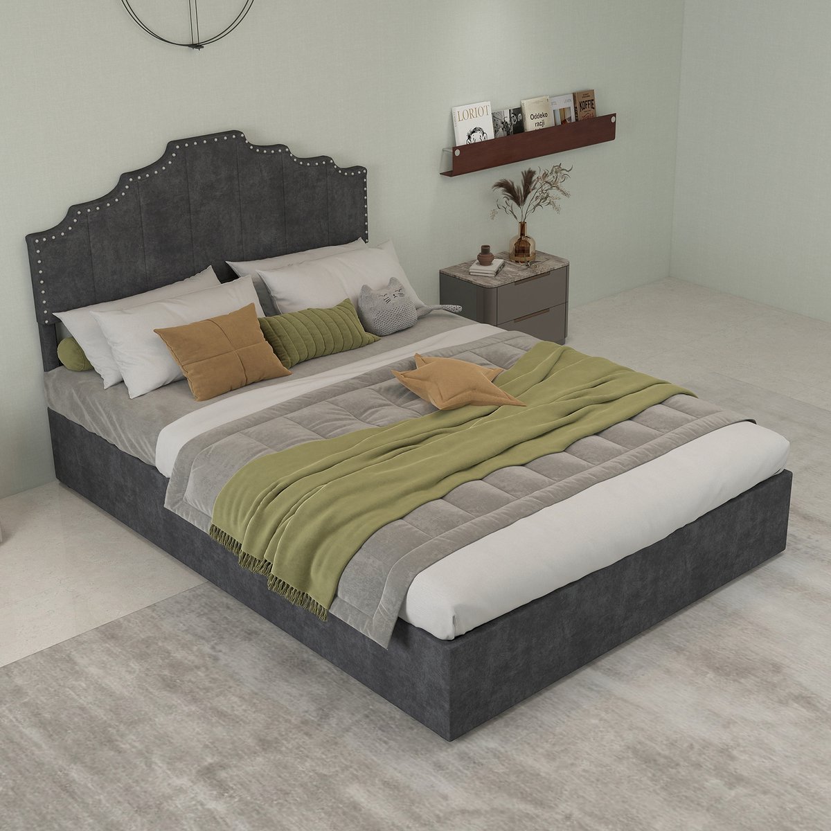 STILVORA Gestoffeerd Bed 140x200 Cm – Zacht Hoofdbord Met Geometrisch Design – Stabiel Lattenframe – Zonder Matras – Modern – Grijs