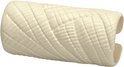 Een crème-kleurige, cilindervormige haarclip met een diagonale, geweven textuur.