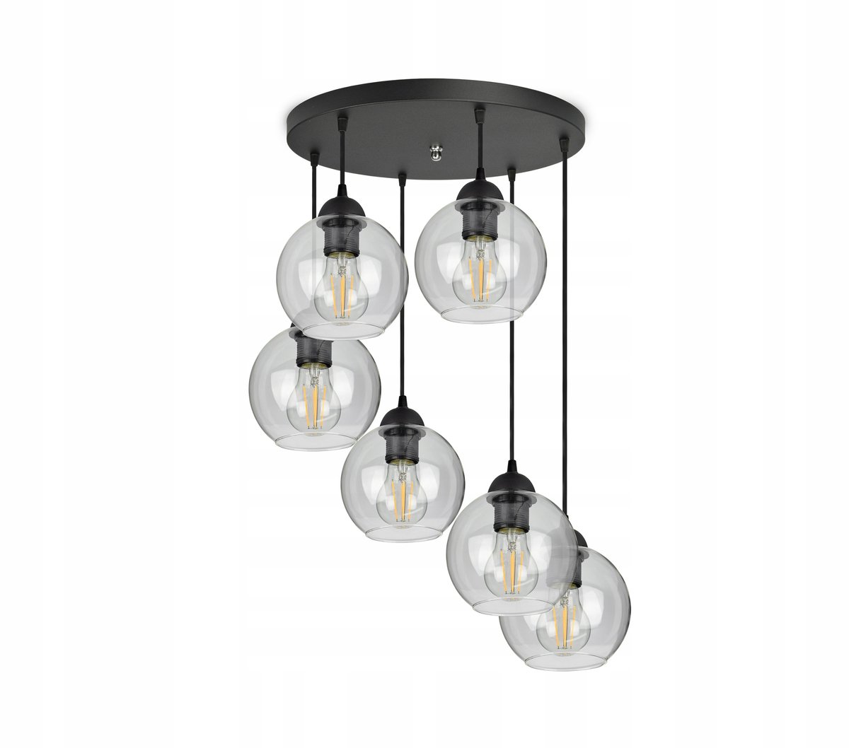 Moderne Glazen Hanglamp met 6 Transparante Bollen, Zwart Metaal