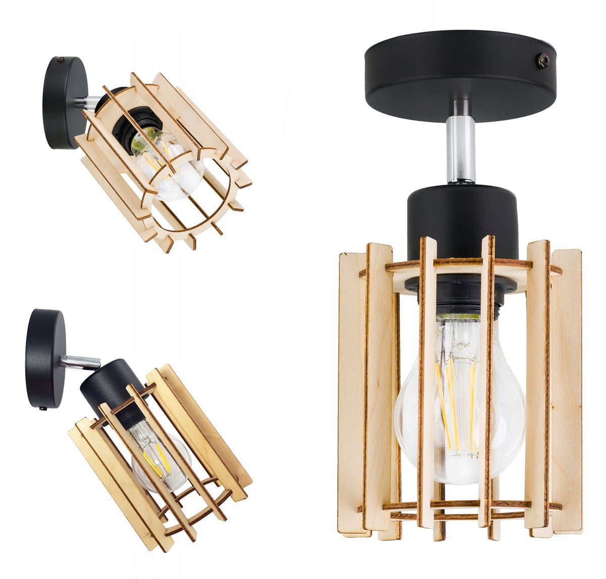 Industriële Hanglamp Cilinder Hout E27 Verstelbaar Zwart/Beige