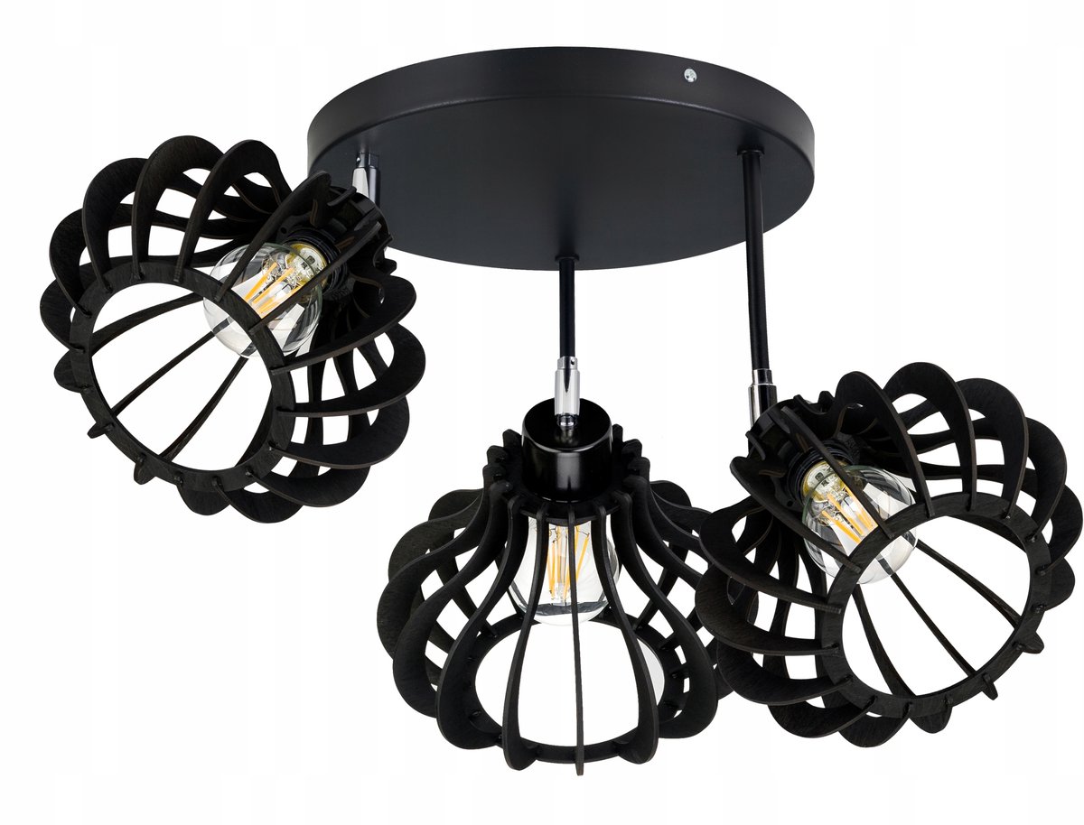 Loft Plafond Lamp Zwart Hout 3x E27 Verstelbaar